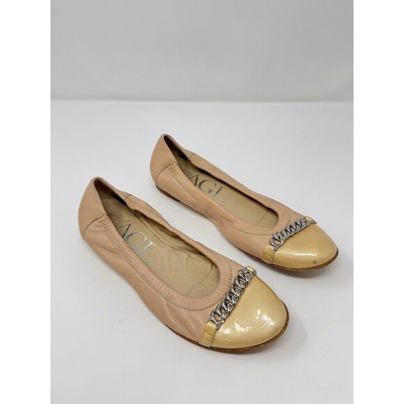 AGL Women Ballet Flats Beige Leather Slip On Chain Italian Ballerina 38.5 US 8.5 - Picture 1 of 8